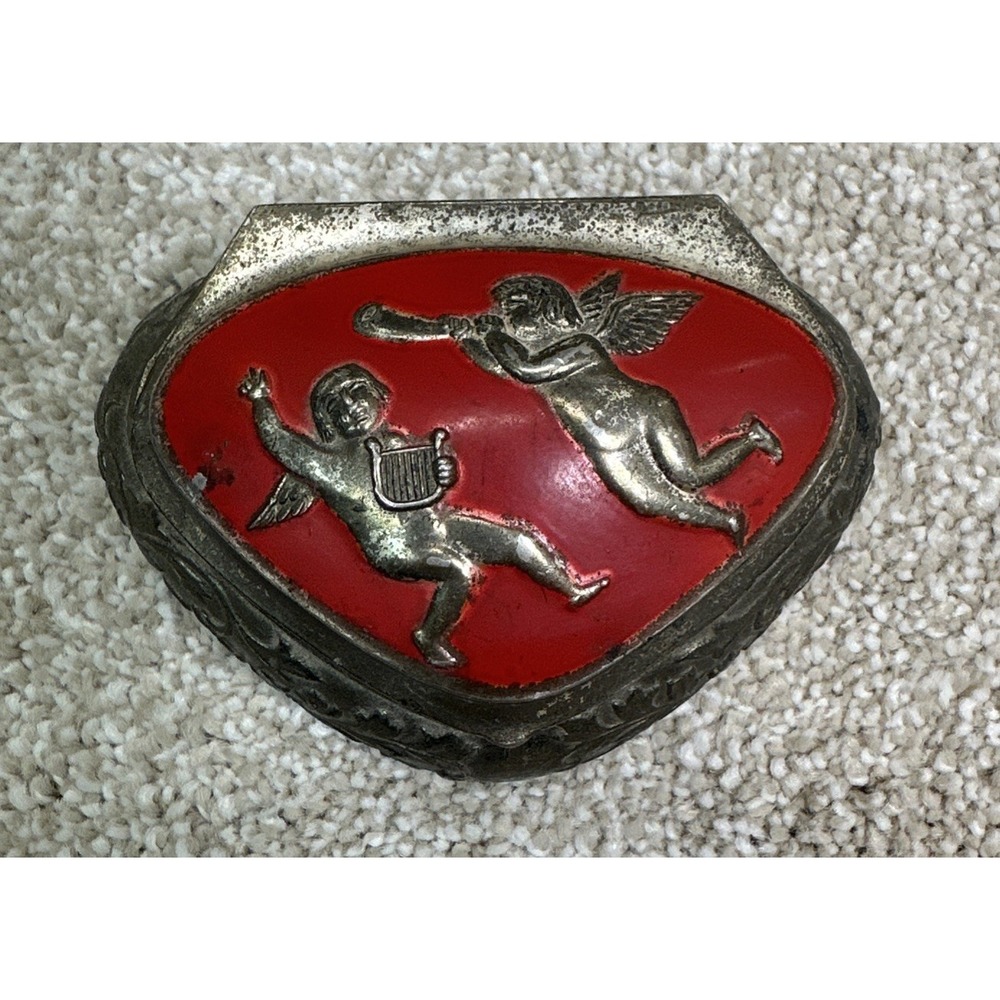 Vintage Silver Plated Red Enamel Trinket Box Cherubs Made In Japan mid- 20th